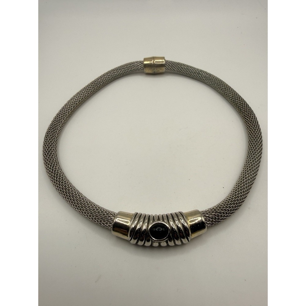 Vintage Choker Necklace Silver Tone Mesh Chain Magnetic Clasp Black Cab 16"